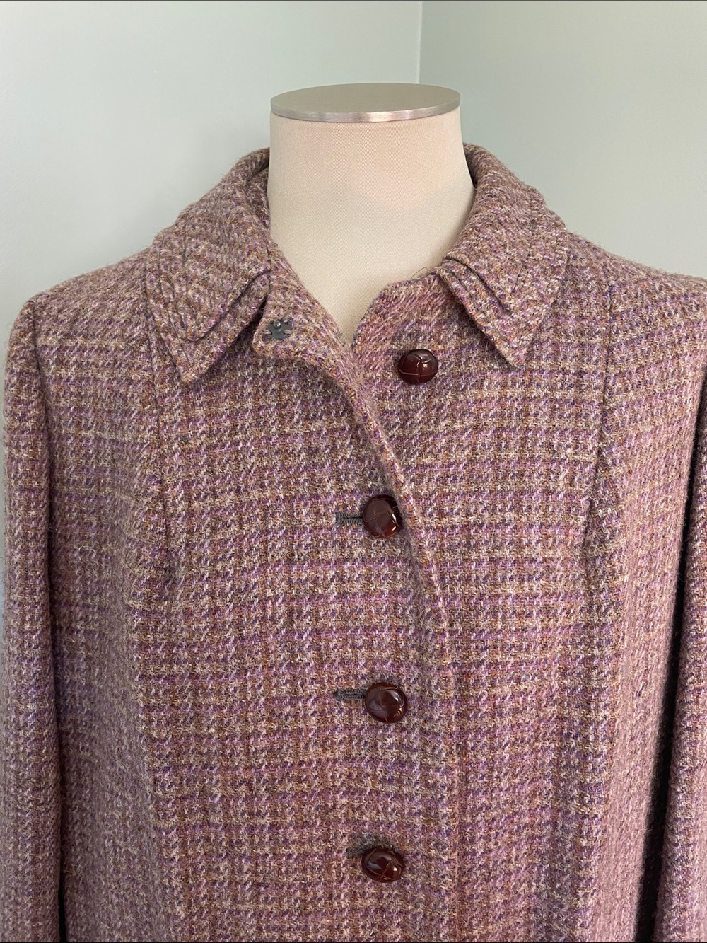 Vintage Harris Tweed Handwoven Scottish Wool Long Coat Purple Brown Plaid - Picture 5 of 16